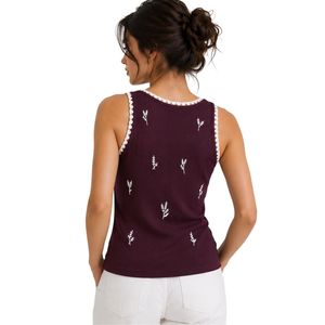 Camiseta sin mangas acanalada para mujer, color burdeos y blanco, bordada, informal, de verano, ajustada, de algodón elástico, personalizada, OEM. - Product Image 2