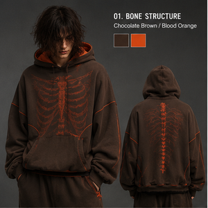 Sudadera con Capucha Extra Grande para Hombre, Color Marrón Chocolate, Estampado de Esqueleto Naranja Sangre, Ropa Urbana de Algodón French Terry para Otoño - Product Image 1