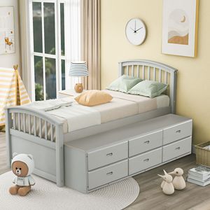 Letto a piattaforma in legno massello Orisfur Twin Size con 6 cassetti per bambini - Product Image 3