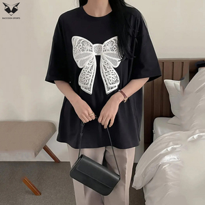 Camiseta informal de cuello redondo para mujer con diseño de lazo en 3D, tejido de punto de poliéster, longitud regular, para todas las estaciones, camiseta extragrande - Product Image 2