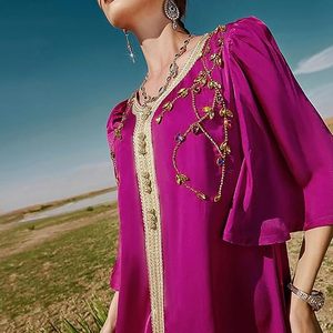 Vestido Maxi de Seda con Cuentas Moradas para Mujer, Estilo Étnico de Oriente Medio, para Bodas, Holgado, de Manga Larga, Cuello Barco, Color Sólido, para Todas las Temporadas, Vestido para Eid - Product Image 3
