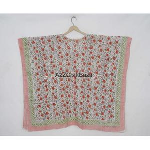 Robe Kaftan Midi Femme 100% Coton Faite à la Main, Col V, Motif Floral Vintage Romantique, Manches Courtes, Légère, Printemps - Product Image 2