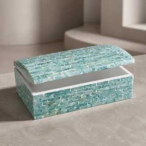 Handgefertigte Perlmutt-Muschelbox mit Türkis-Mosaik, Schmuckaufbewahrung, Gips-Erinnerungsbox, Küsten-Dekoration, breite rechteckige Form - Product Image 3