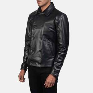 <b>Men's</b> Genuine <b>Leather</b> <b>Jacket</b> Double Breasted Turn-down Collar Slim Fit Moto Biker Style Autumn Wear - Product Image 1