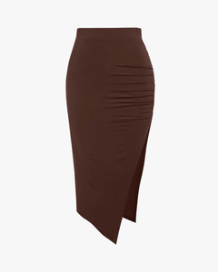 Jupe midi asymétrique plissée marron chocolat avec fente latérale - Product Image 2
