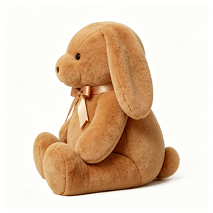 Conejito de Peluche Marrón Suave con Orejas Caídas - Conejo de Peluche Acogedor Color Bronceado con Lazo de Satén Oro Rosa, Juguete Clásico de Peluche de Conejo Neutral - Product Image 1