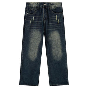 Jean décontracté en denim tissé pour homme, taille mi-haute, coupe droite ajustée, léger, en coton uni délavé à l'acide - Product Image 1