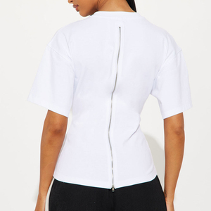 T-shirt de course pour femme à manches courtes, coupe régulière, col rond, respirant, 100 % coton, avec fermeture éclair au dos, qualité supérieure - Product Image 2