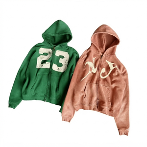 Sudadera con capucha de forro polar grueso vintage personalizada, verde rosa empolvado, oversize, con bordado desgastado, estilo urbano para hombre, otoño - Product Image 1