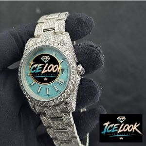 Montre de luxe Ice Look à quartz avec lunette sertie de diamants, cadran bleu, bracelet en acier inoxydable, unisexe, résistante à l'eau, réserve de marche - Product Image 3