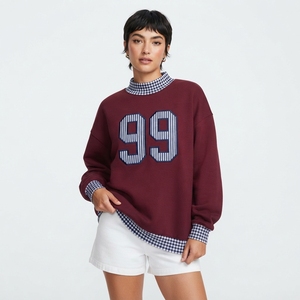 Sudadera Negra Extra Grande para Mujer con Cuello y Dobladillo a Cuadros, Aplique con el Número 44 en la Parte Delantera, Cuello Redondo, Manga Larga, Ropa Casual - Product Image 2