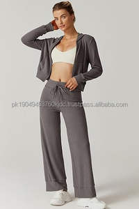 Tenues deux pièces pour femmes Sweat à capuche zippé à manches longues et pantalon à jambes larges Ensemble de survêtement assorti pour le salon - Product Image 3