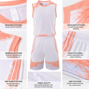 Ensemble d'uniformes de basketball unisexes respirants imprimés par sublimation personnalisée, 100 % polyester, maillot sans manches à col en V et short élastique - Product Image 6