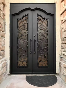 Puerta Doble de Entrada de Hierro Forjado Negro de Lujo con Paneles de Vidrio, Puerta de Entrada Arqueada Decorativa para Entrada de Casa o Villa - Product Image 2