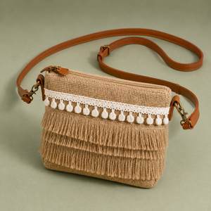 Sac à bandoulière en jute avec franges, chaînes et fermeture éclair, sac carré tendance pour femme, idéal pour un usage quotidien décontracté - Product Image 5