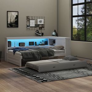 Divano letto matrimoniale bianco in legno con ripiani contenitore e letto estraibile con LED e USB - Product Image 2