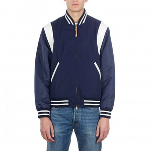 Men's Navy White Varsity Jacket Regular Fit <b>Covered</b> <b>Button</b> Crew Neck Streetwear Style Polyester/Cotton Material Winter Wear - Product Image 2