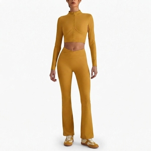 <b>Women</b> Workout Set Long Sleeve Stand Collar Crop Top High Waist <b>Flare</b> <b>Leggings</b> Stretch Sportswear Fitness Apparel - Product Image 5