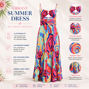 Women's Yellow Smocked Midi Dress | Ruffle Strap Tie Front Sleeveless A Line Summer Party Casual Beach Women's Vibrant Abstract - Product Image 5