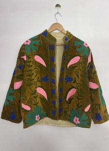 Handmade Suzani Velvet <b>Kantha</b> Quilt <b>Jacket</b> Embroidered Cotton Coat - Product Image 3