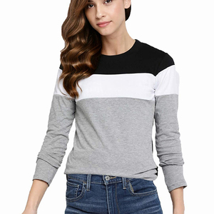 T-shirt à manches longues pour femme, col rond, color-block, coupe classique, tricoté, décontracté, 100% coton mélangé, gris, blanc, noir - Product Image 1