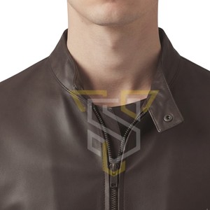 Blouson moto homme en cuir véritable marron foncé respirant, col montant, fermeture éclair, coupe classique, pour l'hiver - Product Image 5