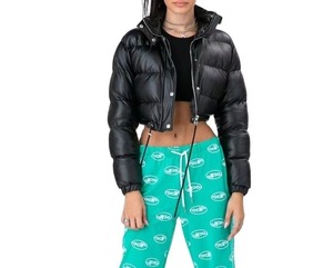 Women's Black <b>Quilted</b> Puffer Jacket Short Zipper Stand Collar Winter Coat Full Sleeve Thick Polyester <b>Wadding</b> Solid Pattern - Product Image 1