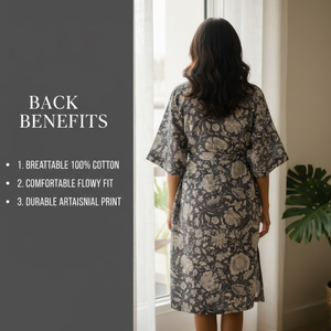 Robe Kimono en Coton Imprimé Floral Gris Faite à la Main pour Femme, Col en V, Manches Longues, Longueur Maxi, 2 Poches Avant, Nuisette Dori - Product Image 4