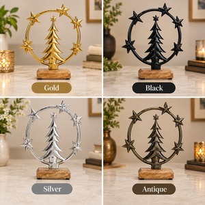 Árbol de Navidad Plateado con Anillo de Estrella, Objeto Decorativo Metálico sobre Base de Madera, Decoración de Mesa para el Hogar con Temática Navideña - Product Image 3