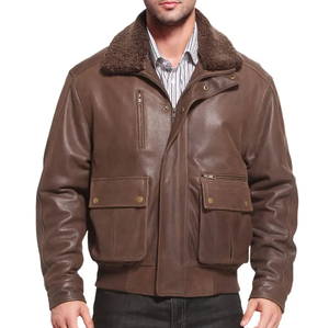 Blouson Aviateur Homme en Cuir Véritable Marron Vieilli Coupe-Vent avec Col Sherpa Zippé Coupe Droite Hiver - Product Image 5