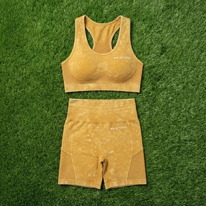 Women Mustard <b>Yellow</b> Acid Wash Yoga Set Sports <b>Bra</b> High Waist Biker Shorts Gym Fitness Workout Activewear - Product Image 5