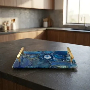 Plateau de service rectangulaire en agate avec poignées dorées, motif marbré bleu, fait main, plat décoratif moderne - Product Image 6