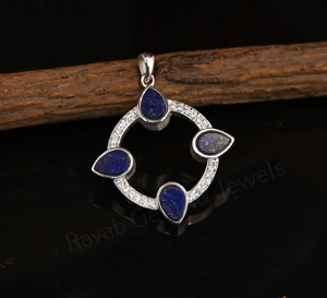 Pendentif unisexe en argent 925 plaqué rhodium, forme poire 4x6mm, serti clos, avec lapis-lazuli et motif floral, pavé, cadeau idéal, best-seller - Product Image 2