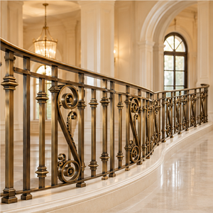 Curved Bronze Ornamental Metal <b>Stair</b> <b>Railing</b> with Bold Scrollwork Panels for Villas Hotels and Classic Interiors - Product Image 4