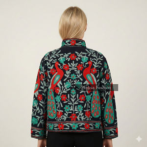 Ropa de Mujer Hecha a Mano, Estilo Boho, Bordada, de Terciopelo Azul y Algodón, Secado Rápido, Transpirable, Ecológica, de Lujo, con Diseño Floral - Product Image 3