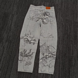 Jean baggy vintage coupe droite noir et blanc délavé à l'acide pour homme, motif ange imprimé surdimensionné, denim hip-hop hiver - Product Image 1