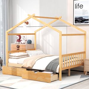 Letto a piattaforma naturale a grandezza naturale con testiera e pediera a due cassetti, design unico a tetto per bambini - Product Image 1