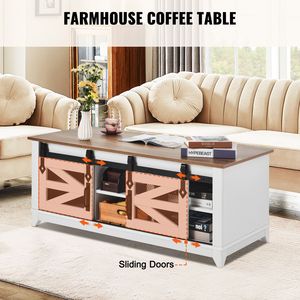 Mesa de Centro Rectangular Estilo Rústico de 48 Pulgadas con 2 Puertas Corredizas y 2 Niveles, Estantes Laterales de Madera Rústica Extraíbles - Product Image 3
