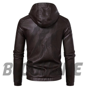 BLOODLINE Men's Black PU Leather Hooded <b>Jacket</b> <b>Slim</b> <b>Fit</b> Moto Biker Style Zipper Closure Autumn Wear - Product Image 4