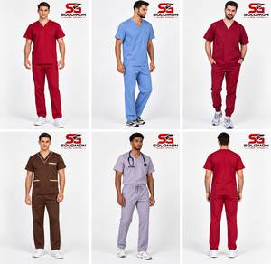 Conjunto de Uniforme Médico Unisex Color Granate con Cuello en V y Manga Corta, Parte Superior e Inferior de Tela Tejida - Product Image 4