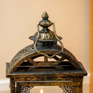 Classic <b>Moroccan</b> Hanging Lantern with Distressed Metal Frame Glass Panels for Indoor Outdoor Ambient <b>Lighting</b> - Product Image 4