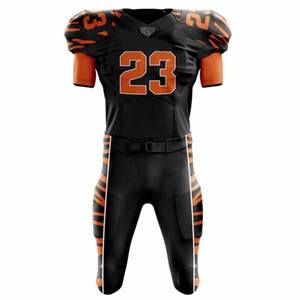 Ensemble d'uniformes de football américain personnalisés, maillot et pantalon rayés noir et orange, tissu respirant, coupe ajustée, manches courtes, kit d'équipe pour adultes - Product Image 1