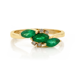 Nuevo Anillo Apilable de Tres Piedras de Oro Amarillo Puro de 14K con Esmeralda y Diamantes, Joyería Fina con Piedras Preciosas Personalizada, en Oferta - Product Image 1