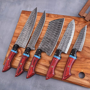Nouvel ensemble de couteaux de cuisine 5 pièces en acier Damas, faits main sur mesure, à lame pleine, durables, tranchants, ambidextres, avec manches en pierre et Pakkawood - Product Image 1
