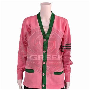 สั่งทำพิเศษ | อัลฟ่า | เสื้อคาร์ดิแกนผู้หญิง Sorority AKA สีชมพูและสีเขียว ผ้าอะคริลิกถัก ลายปักตัวอักษรกรีก โลโก้ด้านหน้า เหมาะสำหรับฤดูหนาว - Product Image 1