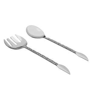 Premium Look Stainless Steel Salad <b>Server</b> With Brass Embossed Single Leaf Design Rouge Long Handle Salad <b>Server</b> Set - Product Image 3