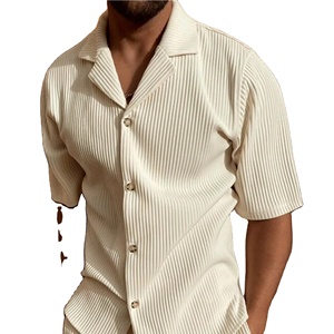 Traje de Primavera Verano 2025, pantalones cortos de pana de color sólido, camisa de manga y pantalones cortos, traje informal de playa elástico - Product Image 1