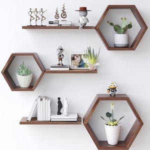 Teak Wood Floating <b>Shelf</b> Honey Gold <b>Hexagon</b> Curved Edge Wholesale - Product Image 6