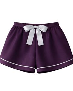 Ensemble pyjama personnalisé en satin violet foncé pour femme, comprenant un haut de pyjama et un short, vêtements de nuit doux en soie, ensemble deux pièces pour l'été avec détails blancs - Product Image 3