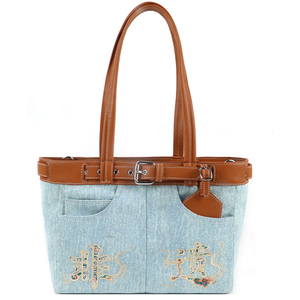 Sac à bandoulière en jean et cuir rétro pour femme, personnalisable avec logo, imperméable, antivol, doublure en coton - Product Image 1